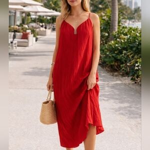 H&M Edition Red Pleated Maxi Dress Flowy Aesthetic Spaghetti Straps Boho Resort